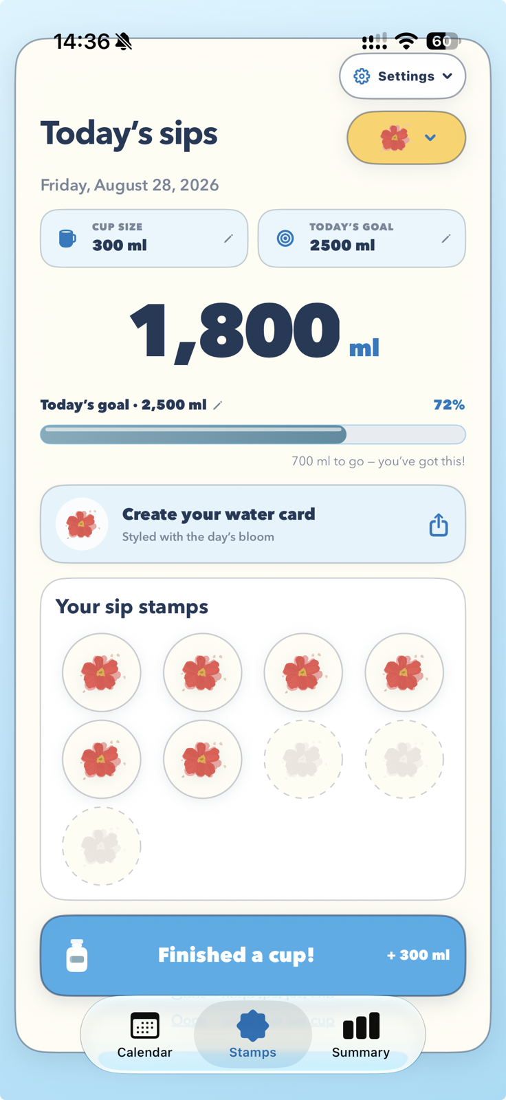 The iWater daily tracking screen with a selected hand-drawn bloom, water progress, share card, and flower stamps.